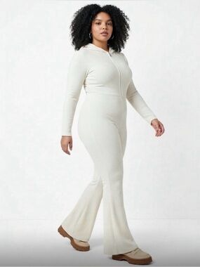 Fabletics Cream Ribbed Zip-Front Hooded Jumpsuit